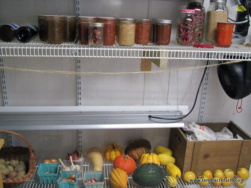 Our makeshift root cellar a few years ago: canned, dehydrated & dried, and fresh winter storage vegetables in the Seedstarting Room.